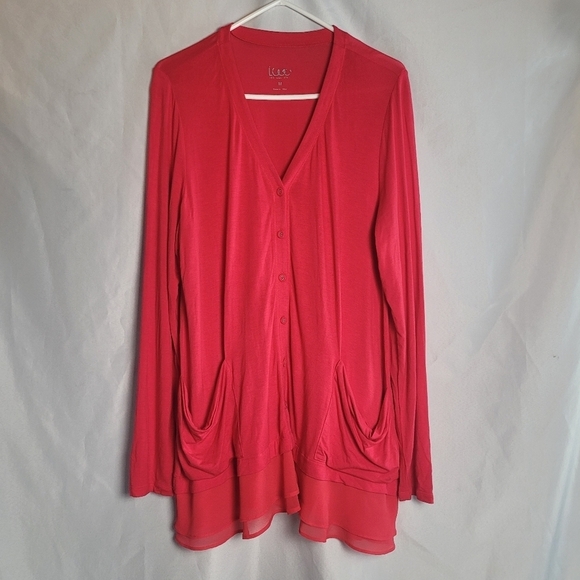 LOGO by Lori Goldstein Women's Hot Pink Cardigan Tunic Lace Trim Top Size M - Picture 1 of 9